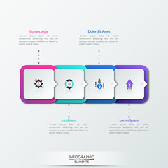 Four overlapping square paper white elements with thin line pictograms inside and pointers arranged in horizontal row. Concept of 4 successive steps. Realistic vector illustration for presentation.