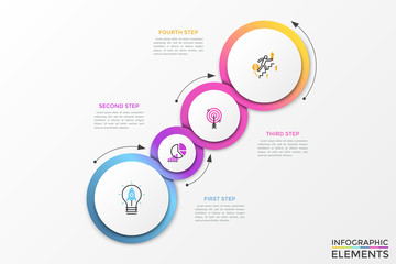 Four round elements of different size with thin line icons inside arranged into diagonal row and gradient stripe curved around them. Infographic design template. Vector illustration for website.