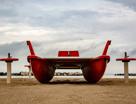 Lifeguard rescue vessel in a beach in the Riviera Romagnola area: italian bay watch