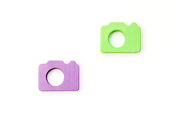 Blogger concept with photo camera on white background top view mockup
