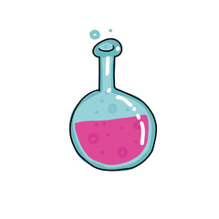 Test tube vector color outlined sketch icon isolated on white background. Hand drawn round bulb with pink bubble liquid . Tubes Doodle sketch for infographic, website, Glass bottles with pink water