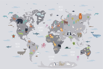 World map with wild animals living on various continents and in oceans. Cute cartoon mammals, reptiles, birds, fish inhabiting planet. Flat colorful vector illustration for educational poster, banner. - obrazy, fototapety, plakaty