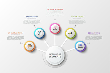 Tree diagram. Main white round element in center connected with 5 colorful circles, thin line pictograms and text boxes. Concept of five business options to choose. Creative vector illustration.