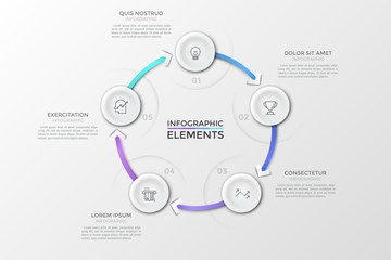 Circular chart with 5 numbered round paper white elements connected by arrows and text boxes. Concept of production cycle with four steps. Creative infographic design template. Vector illustration.