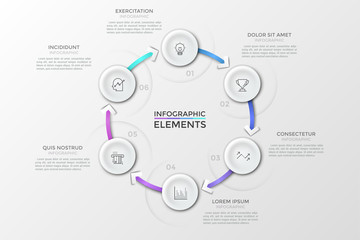 Obraz premium Circular chart with 6 numbered round paper white elements connected by arrows and text boxes. Concept of production cycle with four steps. Creative infographic design template. Vector illustration.