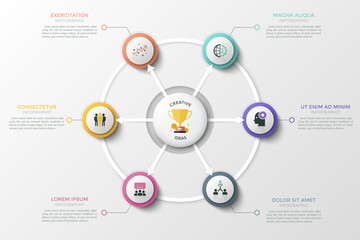 Round chart with golden winner cup in center, arrows pointing at 6 circular elements with linear symbols inside and text boxes. Unique infographic design template. Vector illustration for report.