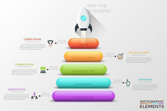 Vertical timeline with space shuttle flying up, 5 colorful elements, year indication, thin line icons. Concept of annual levels of development. Infographic design template. Vector illustration. - Powered by Adobe
