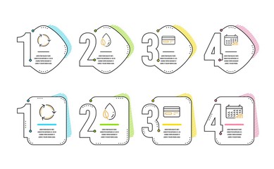Credit card, Leaf dew and Recycling icons simple set. Calendar graph sign. Card payment, Water drop, Reduce waste. Annual report. Business set. Infographic timeline. Line credit card icon. Vector