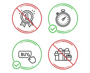 Do or Stop. Timer, Buy button and Reward icons simple set. Holiday presents sign. Stopwatch gadget, Online shopping, First place. Gift boxes. Business set. Line timer do icon. Prohibited ban stop