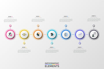Naklejka premium Seven colorful circular elements with icons inside arranged into horizontal row and connected by line. Concept of 7 steps of development. Creative infographic design template. Vector illustration.