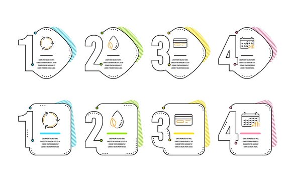 Credit card, Leaf dew and Recycling icons simple set. Calendar graph sign. Card payment, Water drop, Reduce waste. Annual report. Business set. Infographic timeline. Line credit card icon. Vector