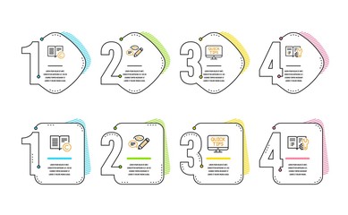 Copyright, Web tutorials and Keywords icons simple set. Engineering documentation sign. Copywriting book, Quick tips, Pencil with key. Manual. Education set. Infographic timeline. Line copyright icon
