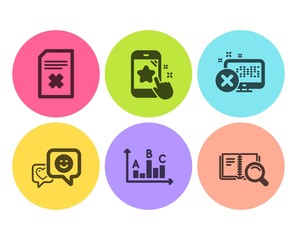 Star rating, Survey results and Reject access icons simple set. Delete file, Smile and Search book signs. Phone feedback, Best answer. Technology set. Flat star rating icon. Circle button. Vector
