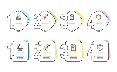 Checklist, Exhibitors and Guitar icons simple set. Confirmed sign. Survey, Information desk, Acoustic instrument. Accepted message. Education set. Infographic timeline. Line checklist icon. Vector