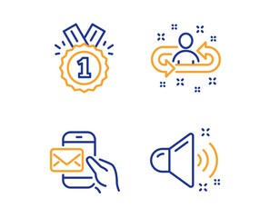 Approved, Messenger mail and Recruitment icons simple set. Loud sound sign. Winner badge, New e-mail, Manager change. Music. Education set. Linear approved icon. Colorful design set. Vector