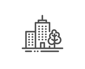 Skyscraper buildings line icon. City architecture with tree sign. Town symbol. Quality design element. Linear style skyscraper buildings icon. Editable stroke. Vector