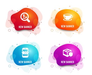 Liquid badges. Set of Star, Espresso and Currency audit icons. Delivery insurance sign. Phone feedback, Coffee cup, Money chart. Parcel protection.  Gradient star icon. Flyer fluid design. Vector