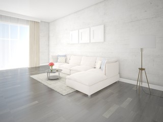 Mock up original living room with a bright corner sofa and a bright hipster backdrop.