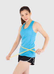 Beautiful slim young asian woman measuring tape thin waist wear uniform fitness isolated white background, asia girl loss weight for diet with exercise and workout wellbeing and healthy care body.