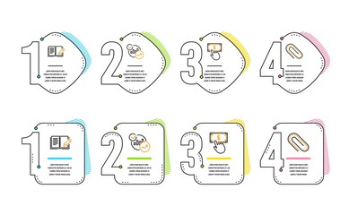 Statistics, Payment click and Feedback icons simple set. Paper clip sign. Report charts, Financial transfer, Book with pencil. Attach paperclip. Education set. Infographic timeline. Vector