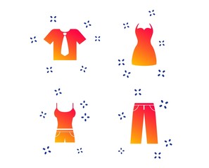 Clothes icons. T-shirt with business tie and pants signs. Women dress symbol. Random dynamic shapes. Gradient clothes icon. Vector