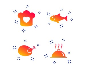 Chief hat with heart and cooking pan icons. Fish and chicken signs. Hot food platter serving symbol. Random dynamic shapes. Gradient fish icon. Vector