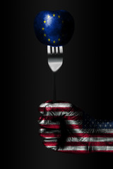 A hand with a drawn USA flag holds a fork, on which is a ball with a drawn EU flag, a sign of...
