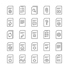 Document Management line icons. Set of Checklist, Report and Copy icons. Download file, Remove and Attach clip symbols. Search, Edit management document and Corrupt report file. Checklist copy. Vector