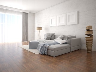 Mock up a spacious living room with a large corner sofa and a bright hipster backdrop.