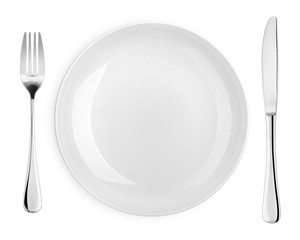 Empty plate, fork, knife, cutlery isolated on white background, clipping path, top view