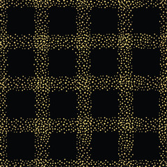 Hand drawn random gold sparkly grid design. Seamless geometric vector pattern on black background. Great for packaging, fabric, cosmetics, ties, stationery, brochures, marketing, Christmas.