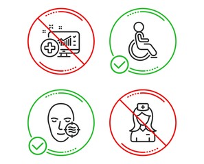 Do or Stop. Problem skin, Disabled and Medical analytics icons simple set. Hospital nurse sign. Facial care, Handicapped wheelchair, Medicine system. Medical assistant. Healthcare set. Vector