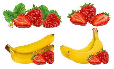 Fresh bananas  and strawberries isolated on white background with clipping path