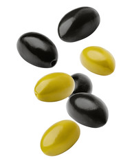 Falling green and black olive isolated on white background, clipping path, full depth of field