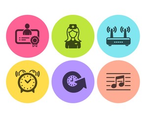 Update time, Hospital nurse and Alarm clock icons simple set. Certificate, Wifi and Musical note signs. Refresh watch, Medical assistant. Business set. Flat update time icon. Circle button. Vector