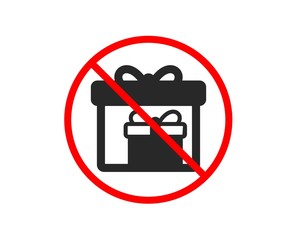 No or Stop. Gift boxes icon. Present or Sale sign. Birthday Shopping symbol. Package in Gift Wrap. Prohibited ban stop symbol. No delivery boxes icon. Vector