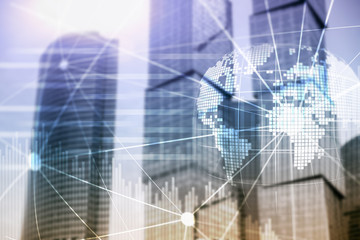 Double exposure mixed media. 3D Earth planet hologram and communication structure. World wide network and globalization concept