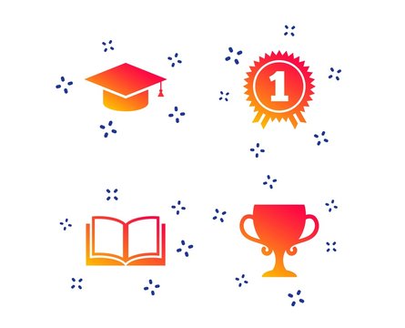 Graduation icons. Graduation student cap sign. Education book symbol. First place award. Winners cup. Random dynamic shapes. Gradient graduation icon. Vector
