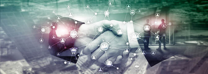 HR human resources management concept corporate organisation structure mixed media double exposure virtual screen.