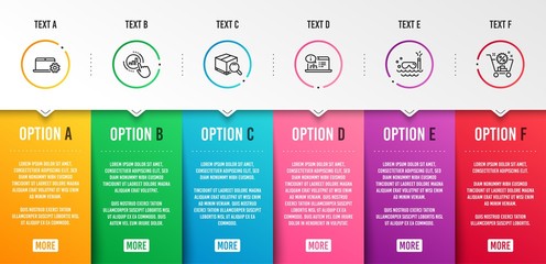 Online documentation, Notebook service and Graph chart icons simple set. Scuba diving, Search package and Shopping cart signs. Web engineering, Computer repair. Infographic template. 6 steps timeline