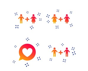 Fototapeta premium Couple love icon. Lesbian and Gay lovers signs. Romantic homosexual relationships. Speech bubble with heart symbol. Random dynamic shapes. Gradient lovers icon. Vector