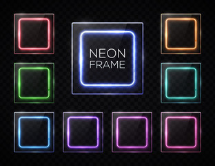 Shining glass texture square banners set. Rectangle frames with led halogen lamp. Reflection effect. Technology signs with blank text place on transparent background. Hud design vector illustration.