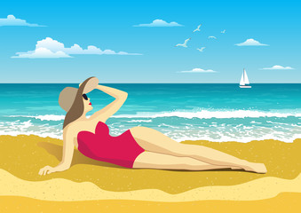 Fototapeta na wymiar Girl on the beach. Seascape with waves, cloudy sky and seagulls. Yacht on the horizon. Tourism and travelling. Vector flat design