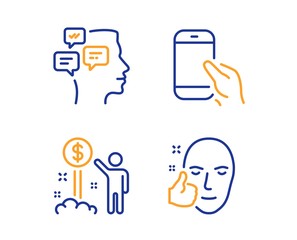 Hold smartphone, Messages and Income money icons simple set. Healthy face sign. Phone call, Notifications, Wealth. Healthy cosmetics. People set. Linear hold smartphone icon. Colorful design set