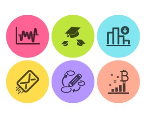 Throw hats, Decreasing graph and Stock analysis icons simple set. E-mail, Keywords and Bitcoin graph signs. College graduation, Crisis chart. Education set. Flat throw hats icon. Circle button. Vector