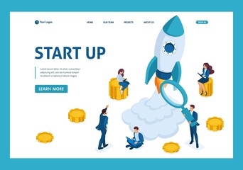Fototapeta premium Isometric concept of investing in startups, rocket launch, young entrepreneurs. Template Landing page