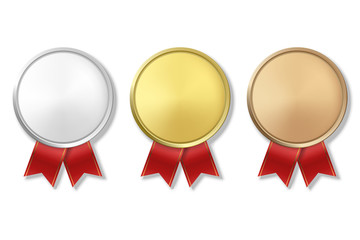 Vector 3d Realistic Gold, Silver and Bronze Award Medal Icon Set with Color Ribbons Closeup Isolated on White Background. The First, Second, Third Place, Prizes. Sport Tournament, Victory Concept