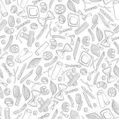 seamless pattern with italian macaroni of different kinds. light coloured hand draw on white background