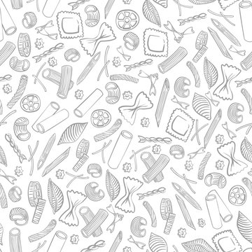 seamless pattern with italian macaroni of different kinds. light coloured hand draw on white background