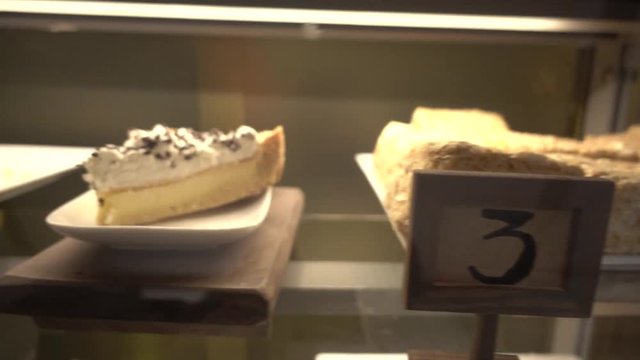 Cakes at coffee shop, slider move, titles of cakes in Russian
